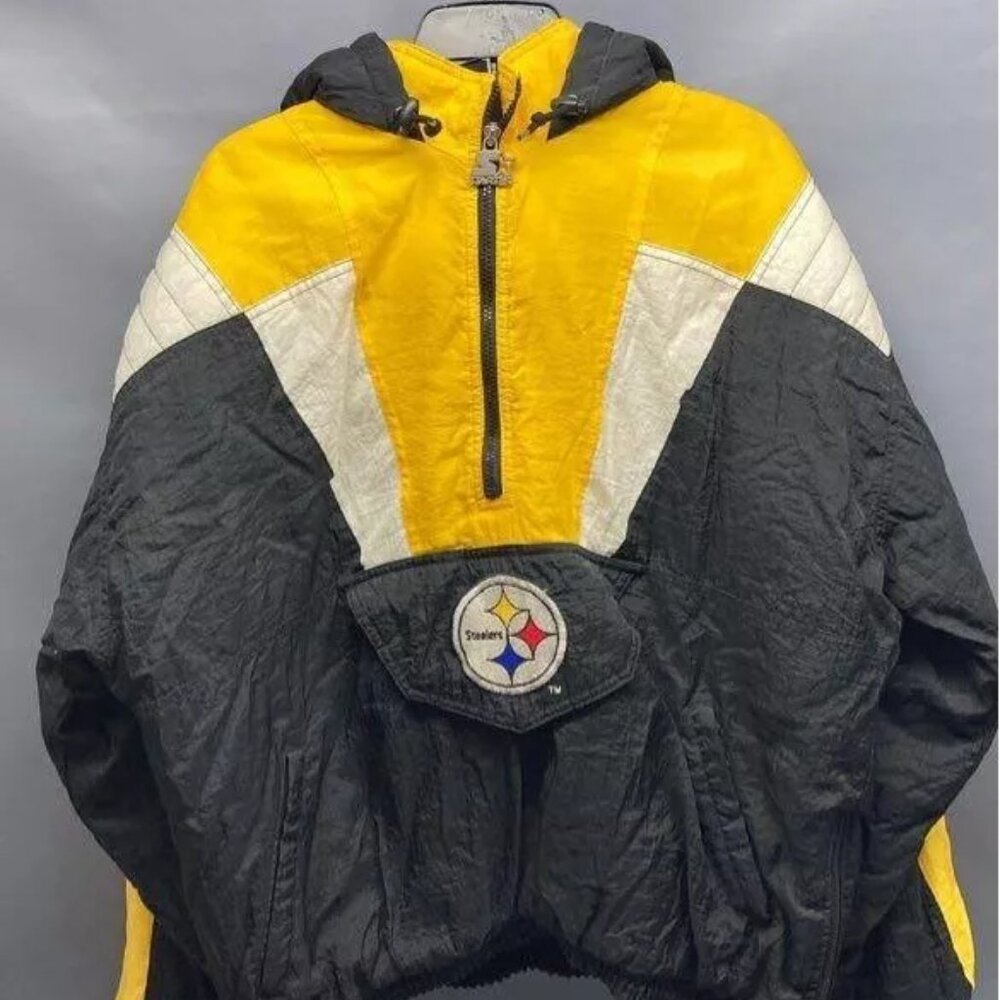 VINTAGE 90s NFL PITTSBURGH STEELERS STARTER PUFFER JACKET PULLOVER SIZE L BLACK